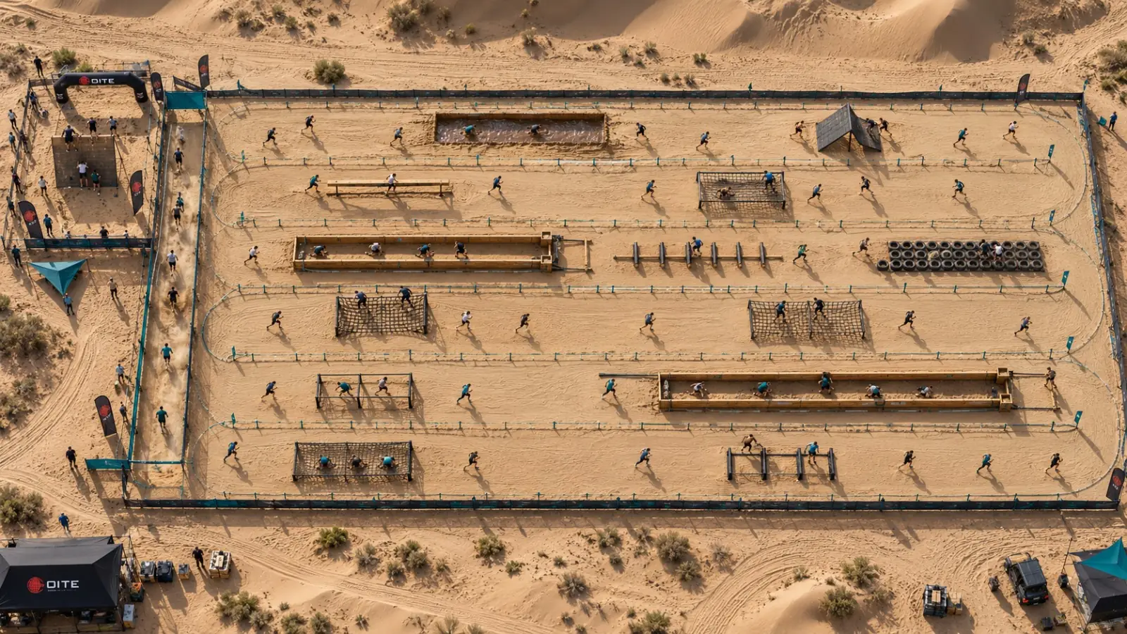Aerial view of the Oman Obstacles Challenge course in the Bidiya sands